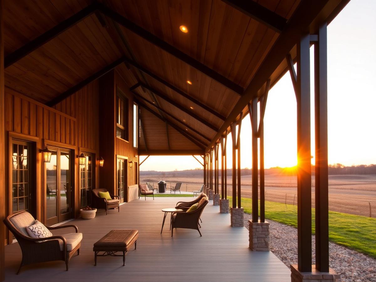 Covered barndominium porch with wood ceiling looking out over fields