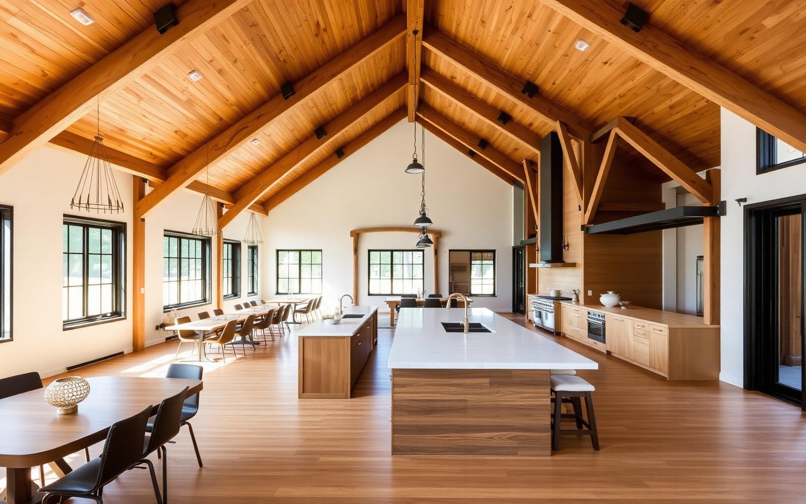 Open-concept barndominium interior with vaulted wood ceiling and a large kitchen island