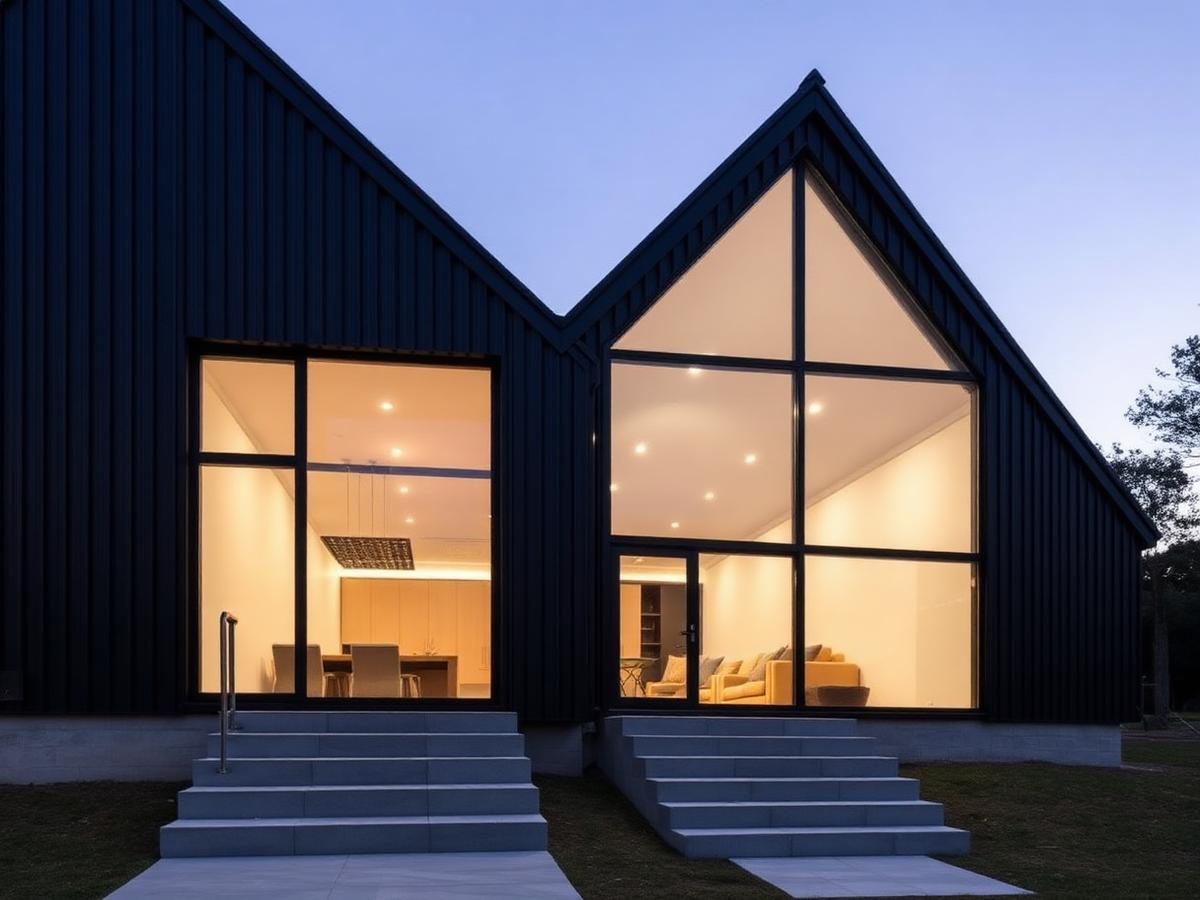 Design inspiration: contemporary dark-clad barndominium with tall gable windows lit from within
