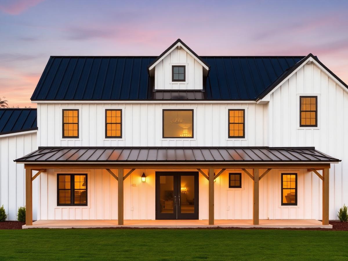 Modern farmhouse barndominium at dusk representing a turn-key project