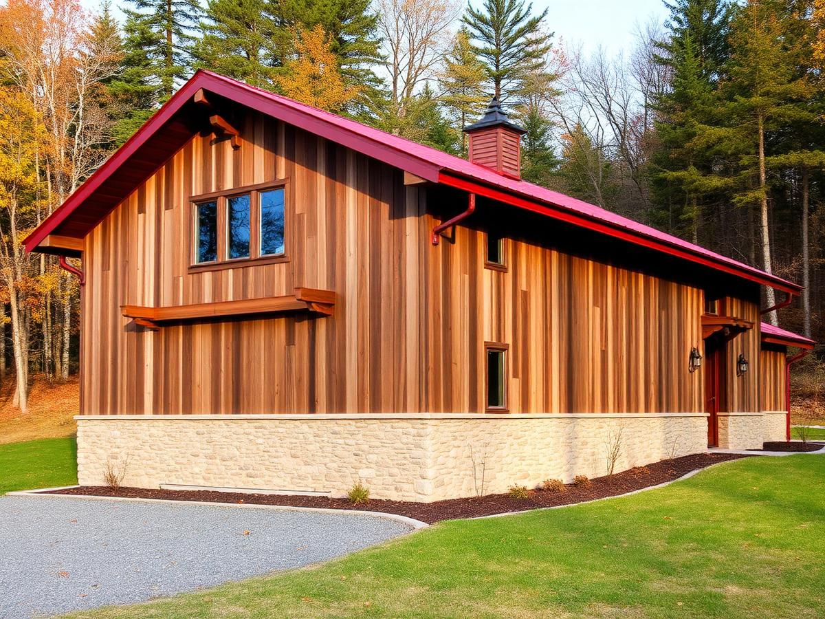 Design inspiration: rustic barndominium with wood siding, stone base and a red metal roof