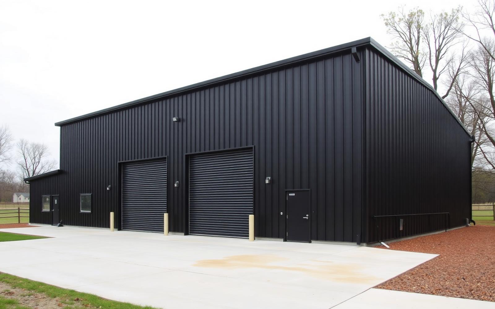 Custom metal workshop building with tall overhead doors